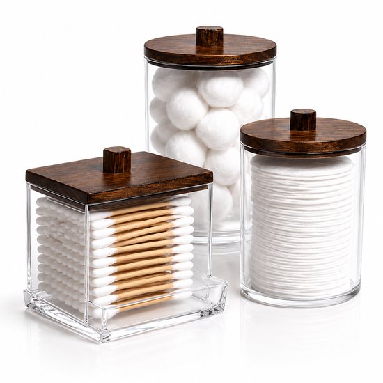 Foto: Botc wattenschijfjes en wattenstaafjes houder 3 stuks met houten deksel apothekerspotje organiser badkamer container bruin
