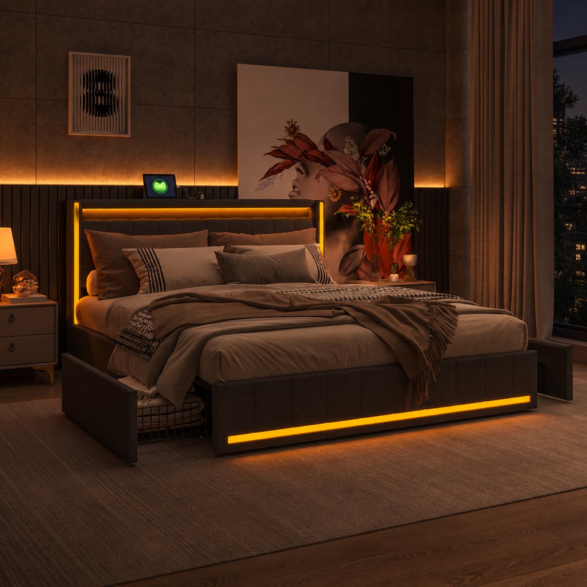 MEXUS Tweepersoonsbed 140x190 cm met ledverlichting en usb-aansluiting, gestoffeerd bed met 4 lades, bed met opbergruimte, functioneel bedframe 140x190 voor volwassenen en tieners, linnen, DonkerGrijs