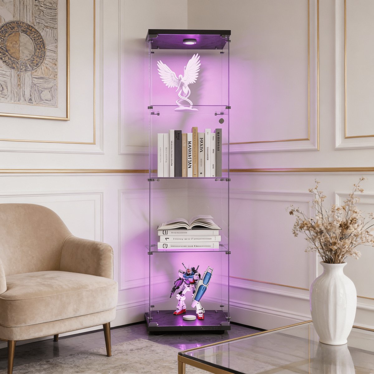Vitrinekast in glas met LED, Moderne vitrinekast met 4 planken in ESG-glas, Collectievitrine voor Bar, Woonkamer, 164 x 42,5 x 36,5 cm, Zwart