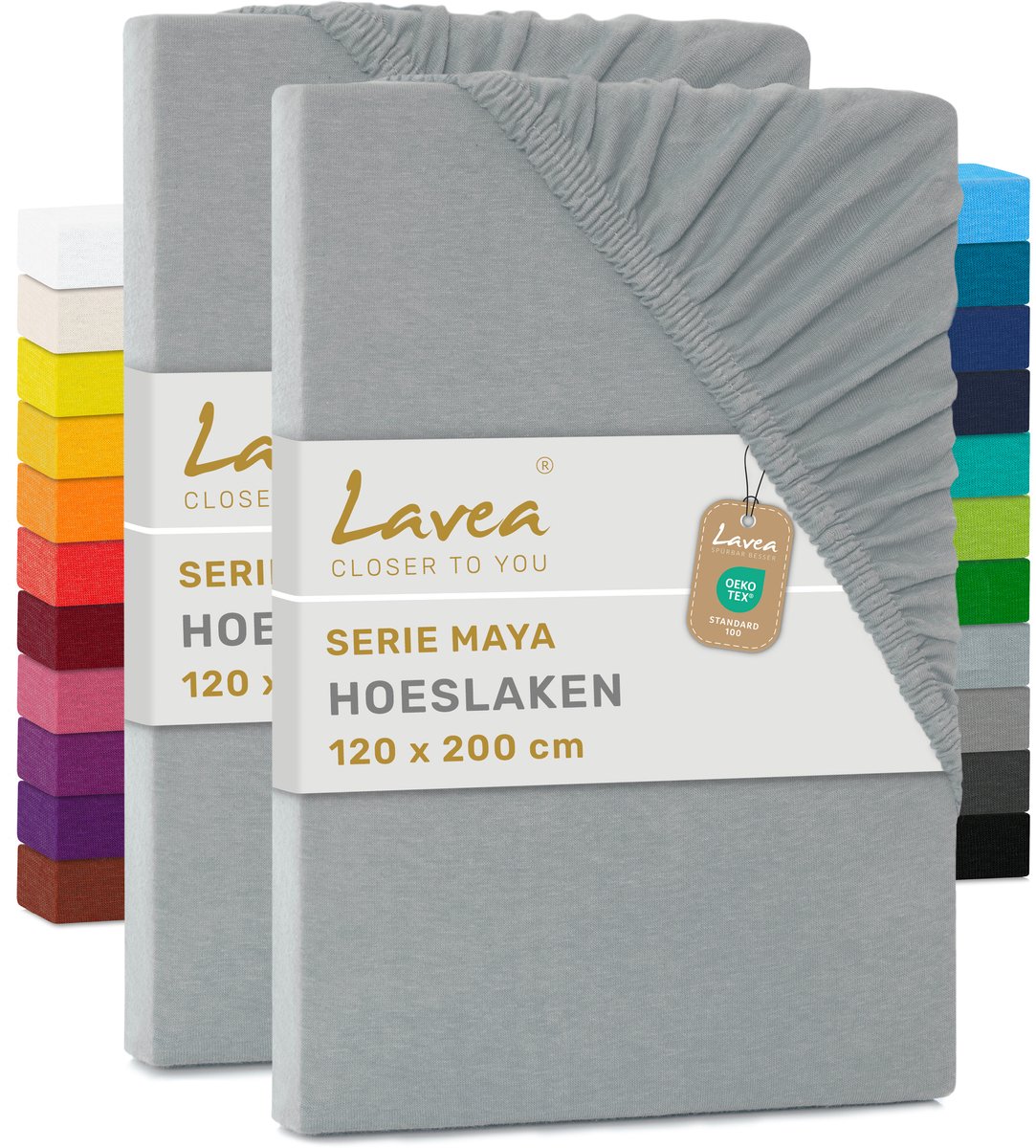 Lavea® Set van 2 Hoeslakens 120x200 cm – 100% Zacht en Ademend Katoen – voor Dikke Matrassen tot 20 cm – Jersey met Elastiek rondom – Zilver