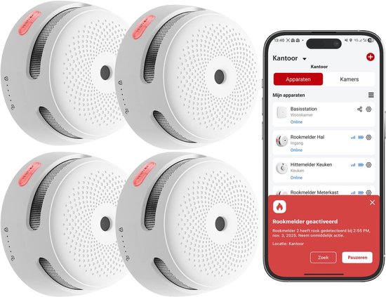 Vier witte rookmelders met rode 'TEST' knop, naast een smartphone met de X-Sense app.
