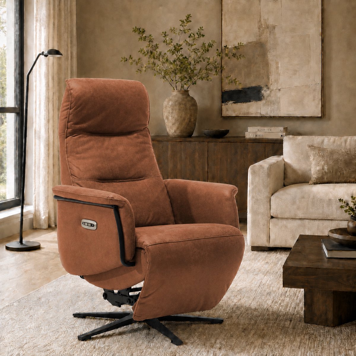 Relaxfauteuil Vince – Microleder – Sta-op stoel - Elektrisch Verstelbaar – Met accu – 2 Motoren – 360° Draaibaar - Cognac