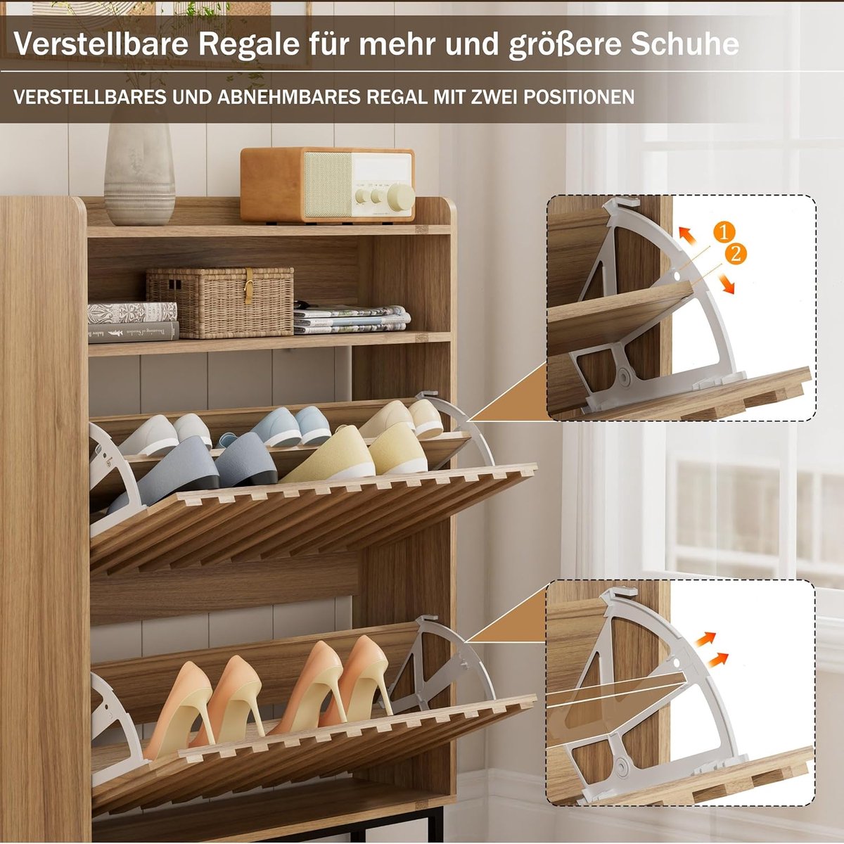 Schoenenkast smal met 2 kleppen – House&Garden schoenenkast voor hal & woonkamer – 80x24x112 cm – lichtbruin industrieel design – schoenencommode met kantelbeveiliging