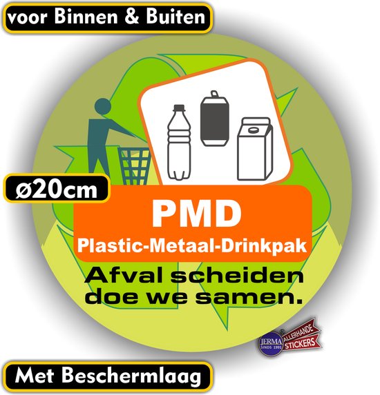 Jerma - PMD - Afvalbak - Recycling - Sticker - Ø 20 cm - Vinyl - Zelfklevend - Weerbestendig