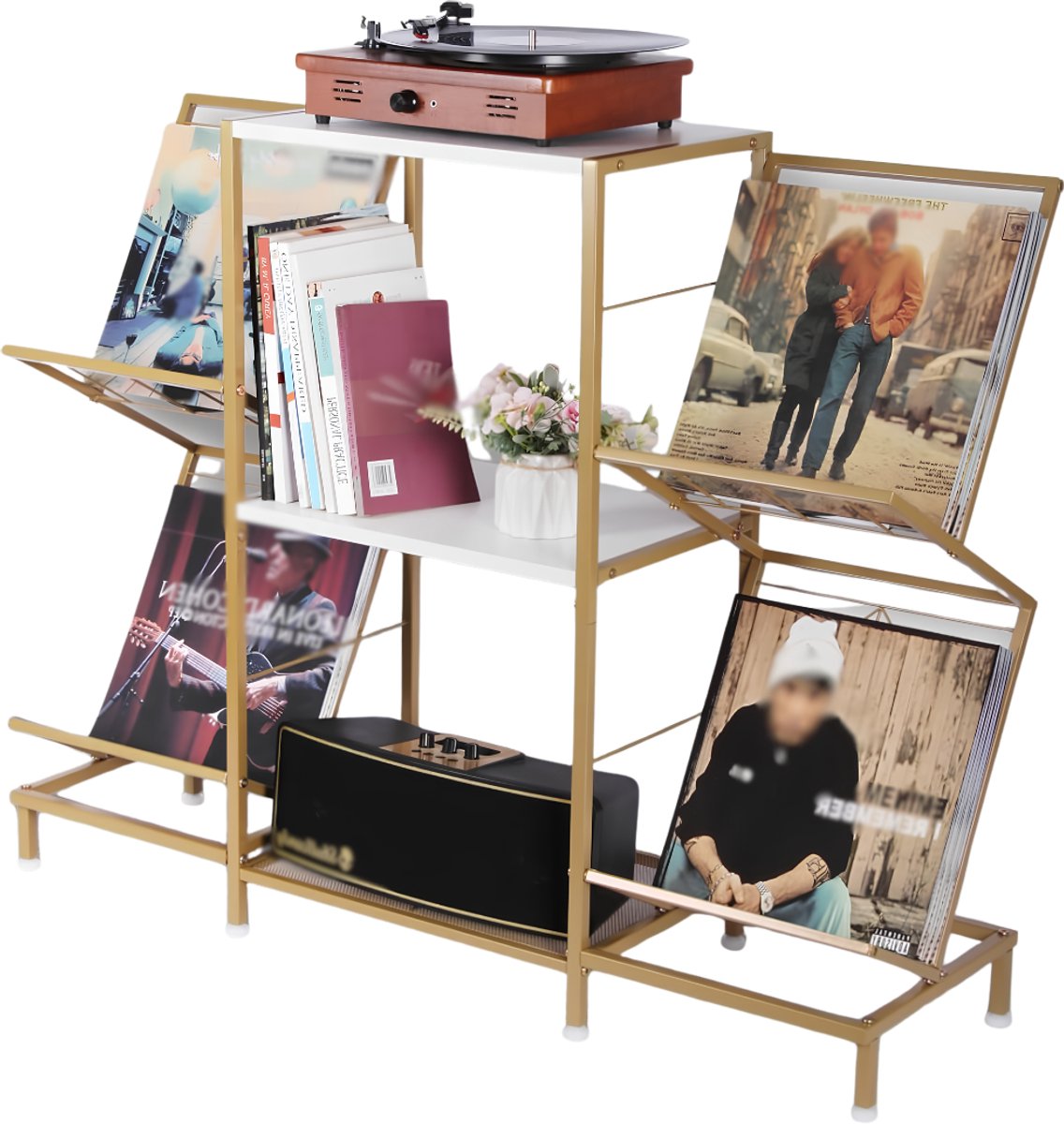 SNJY® Platenspeler Meubel - Platenspeler Kast - LP Houder - Platenhouder - 30,5D x 103B x 82,5H cm - Wit/Goud