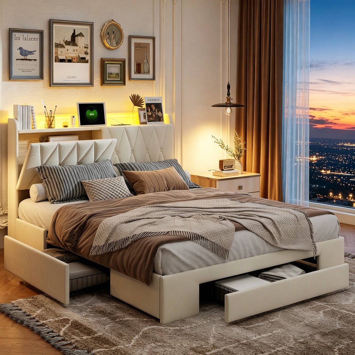 Gestoffeerd bed 160x200 cm met LED-verlichting en Stopcontacten, Jeugdbed met 3 Lades, Lattenbodem en Opberghoofdeinde, Tweepersoonsbed Volwassen Bedframe, Beige Fluweel