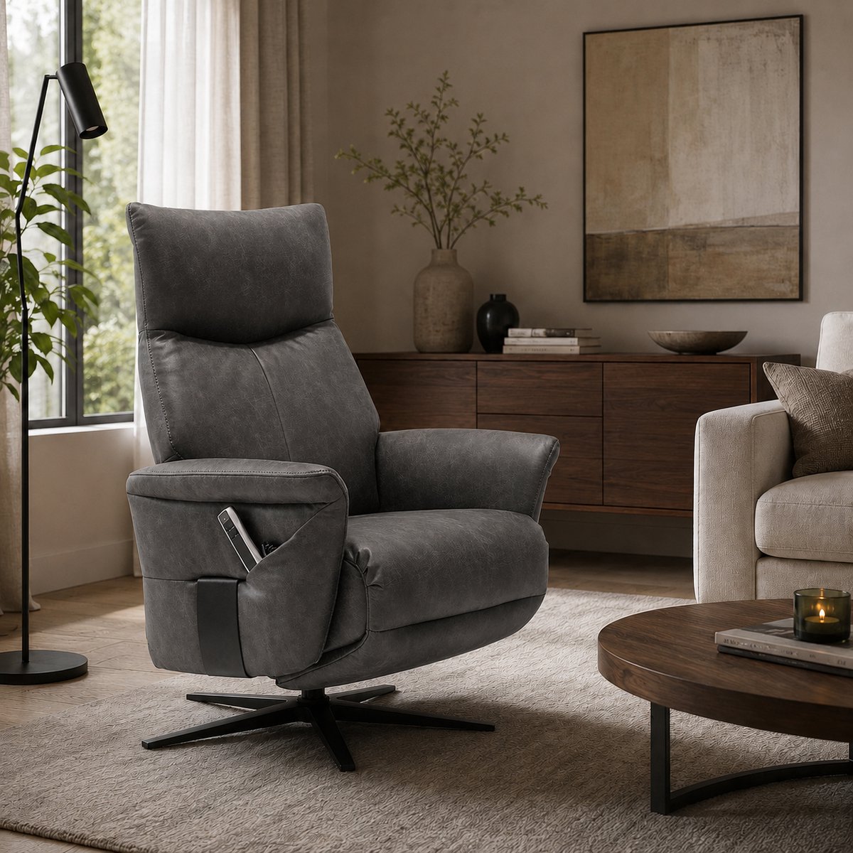 Relaxfauteuil Ravi – Elektrische Relaxstoel met 2 Motoren & Afstandsbediening – Accu – 180° Draaibaar – Micro Leder – Antraciet