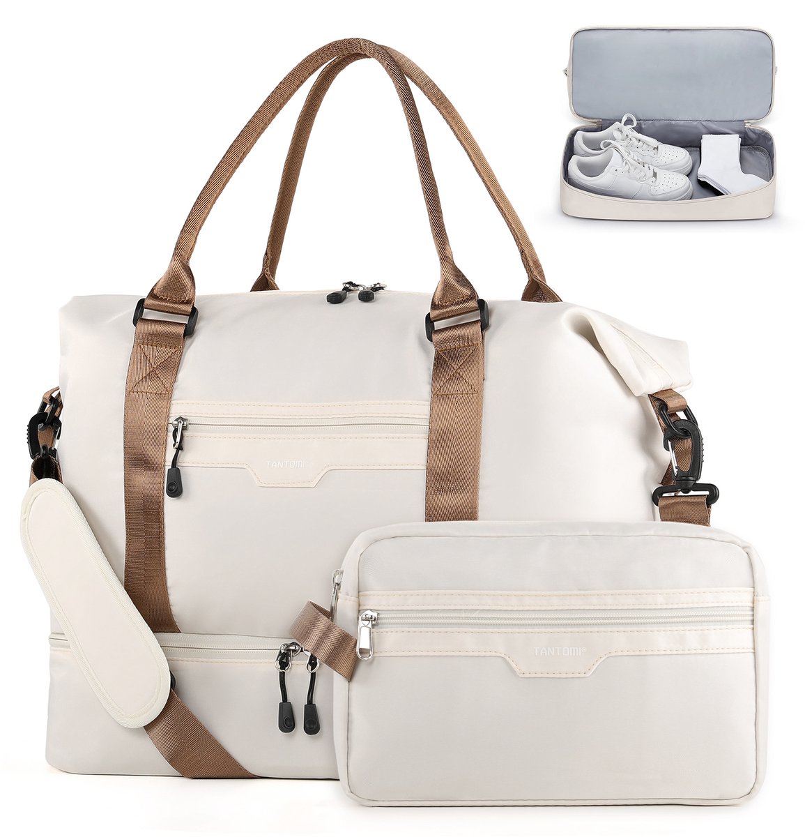 TANTOMI - Reistas Handbagage - 46x23x32cm - voor Dames en Heren - met Schoenenvak & Toilettas - Waterdicht - voor reizen, sport, fitness - Weekendtas - Sporttas - Roomwit