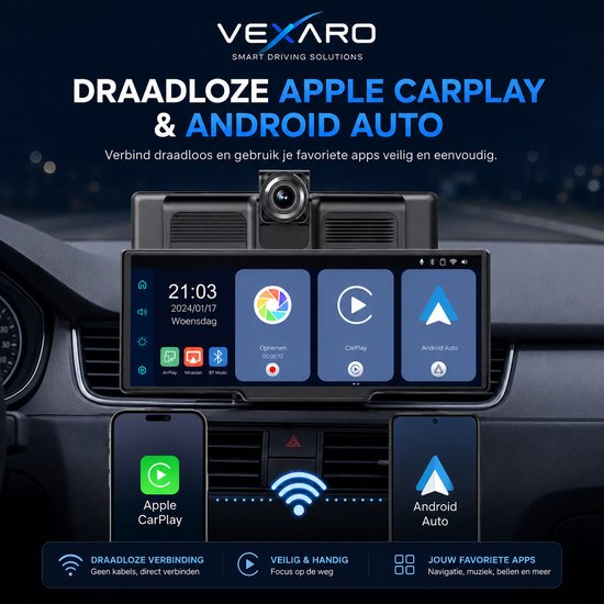 Vexaro Draagbaar Apple CarPlay & Android Auto Scherm - Met Ingebouwde Dashcam - 10,26 Inch On-Dash Navigatie - Bluetooth & FM — afbeelding 2