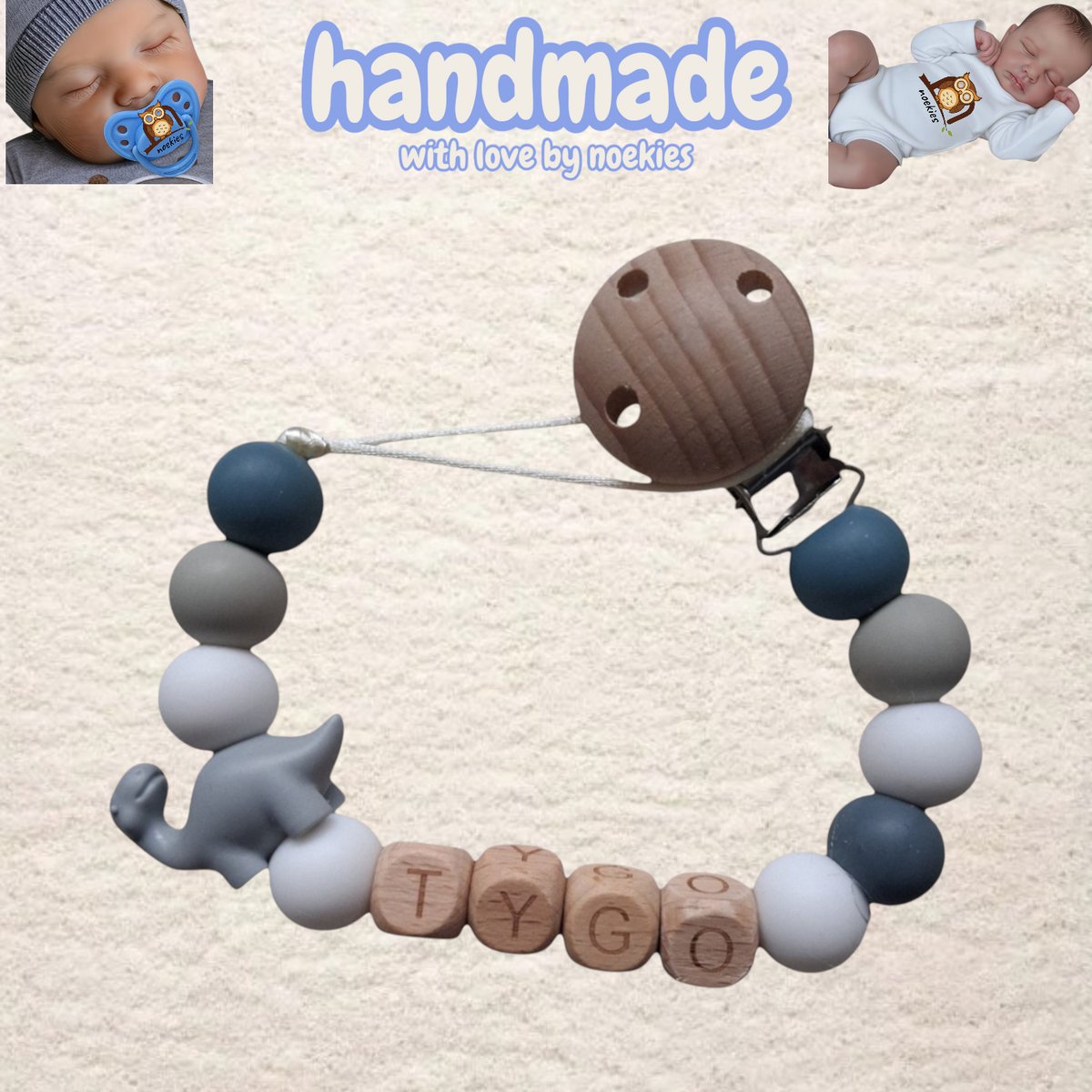 noekies naam speenkoord dino langnek grijs wit Kraamcadeau - Speenketting - Babycadeau - Babyshower nr 6