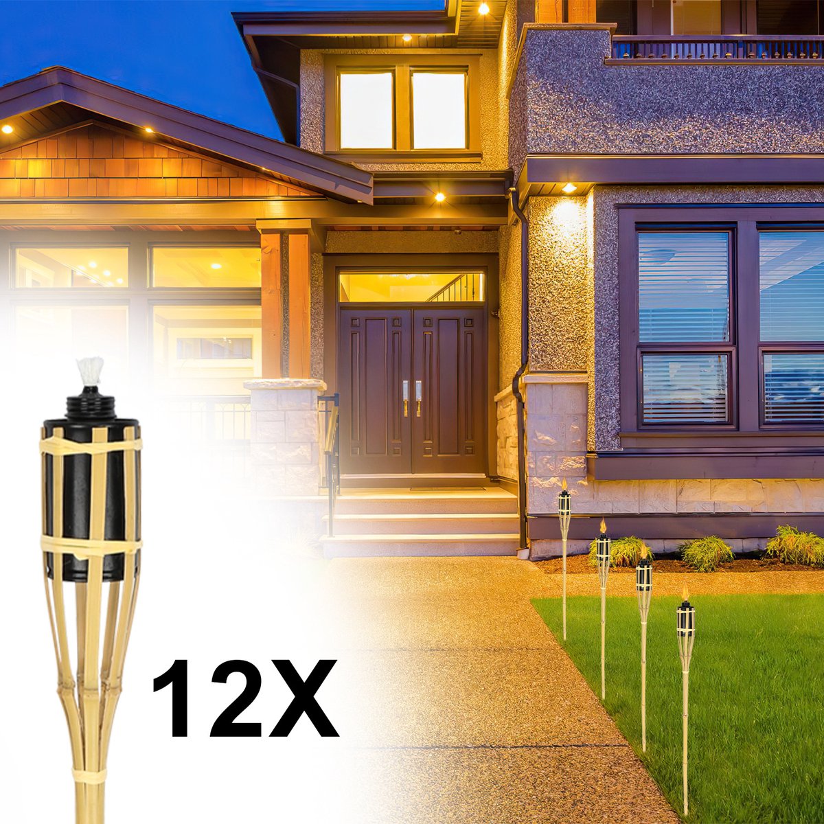 Torches de jardin 90 cm en bambou naturel, lot de 12, réservoir 210 ml, brûle 4 à 6 h