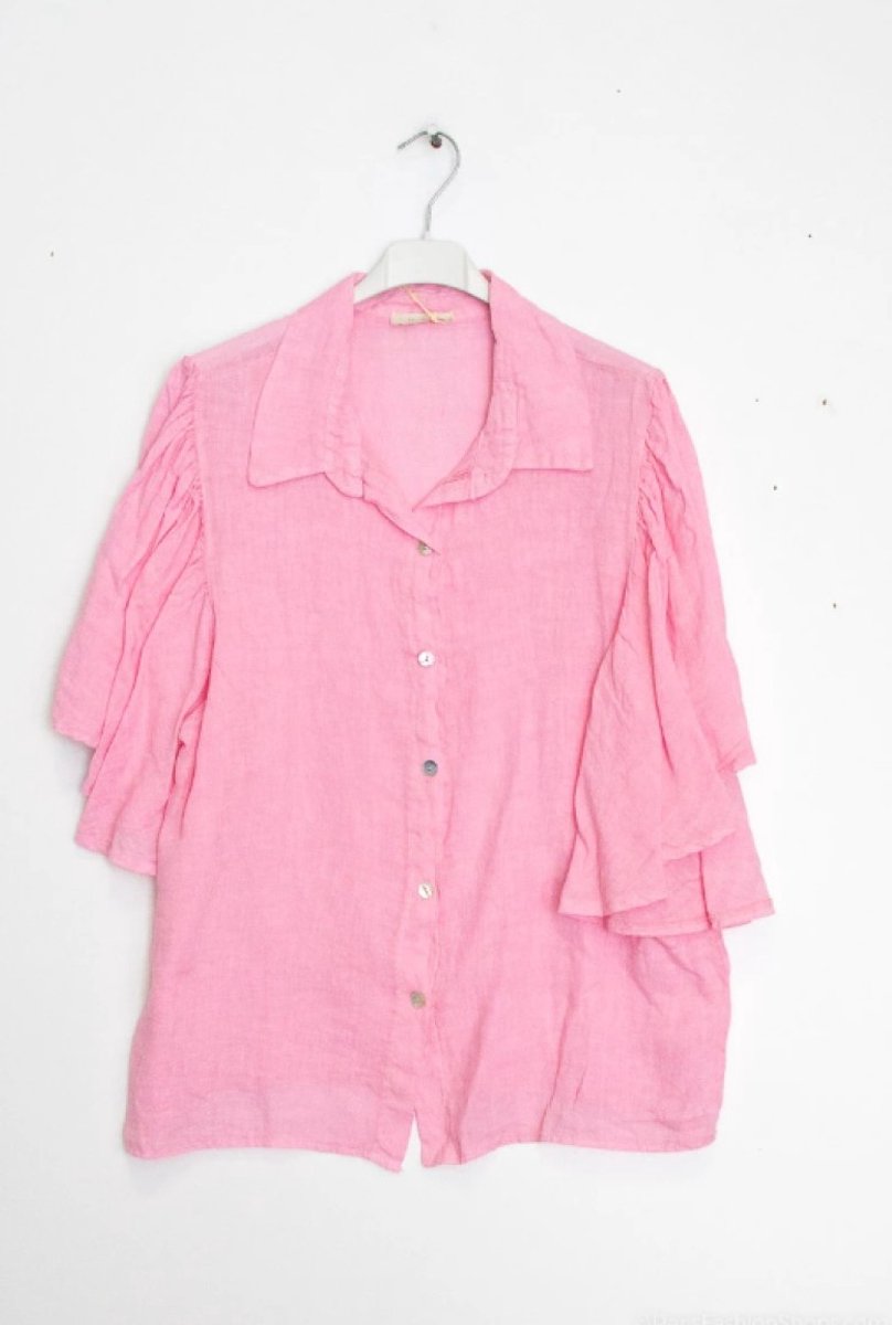 Luchtige linnen blouse met krag - Korte mouwen met ruches - ROZE - maat 38/40