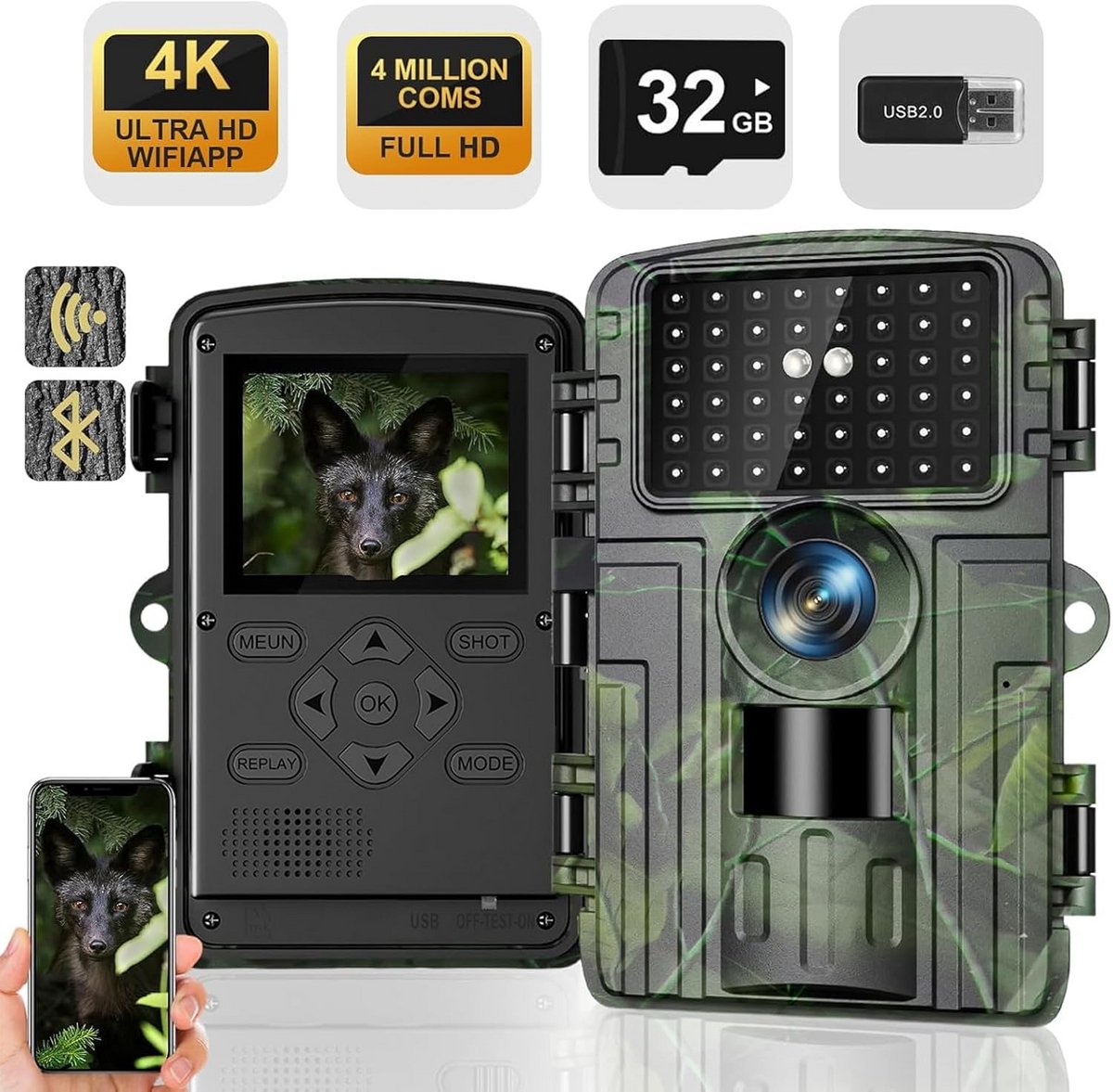 Wildcamera - Nachtzicht Camera - Dieren Observeren - 4K Video 60MP - 32GB Geheugen - Bruin