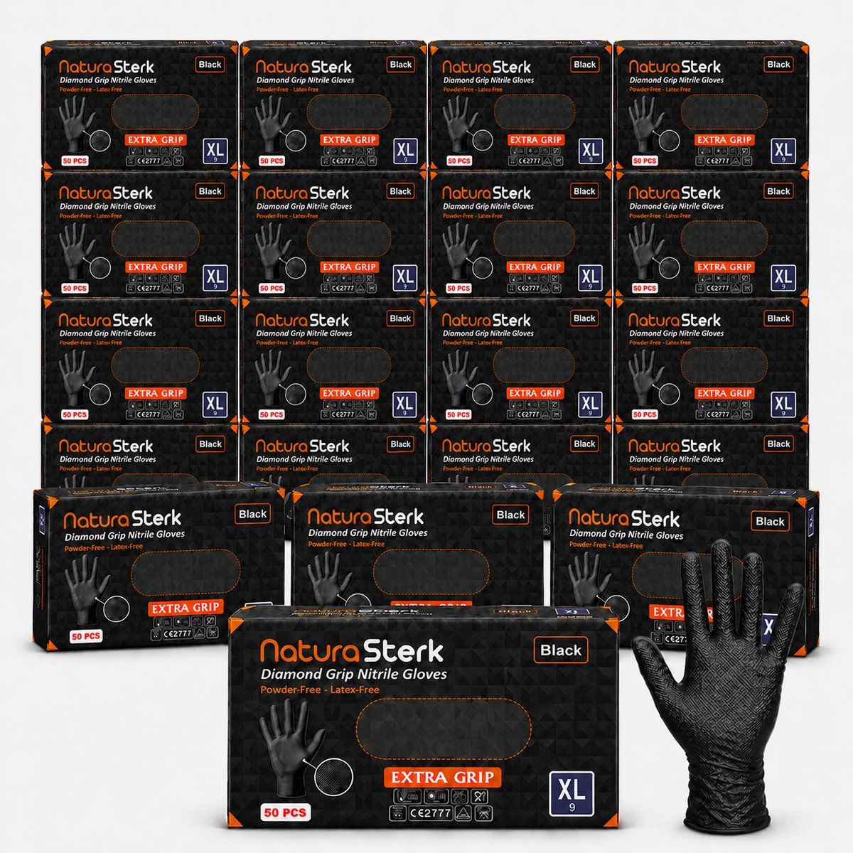 NaturaSterk Diamond Grip Nitril Handschoenen Zwart XL/9 – 8 Gram – Extra Grip – Poedervrij & Latexvrij – 20 Dozen – 1000 Stuks