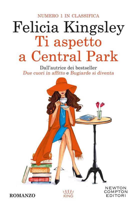 Couverture de livre avec une femme portant un manteau et un chapeau orange, tenant une tasse de café, à côté d'une pile de livres. Titre : Ti aspetto a Central Park.