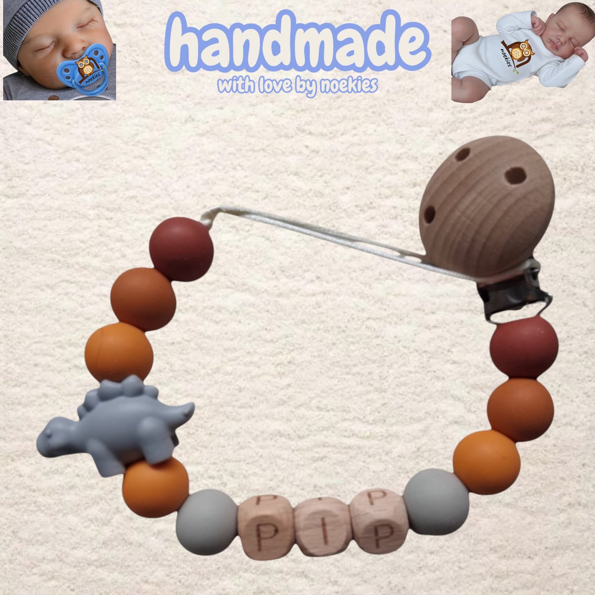 noekies naam speenkoord dino grijs oranje Kraamcadeau - Speenketting - Babycadeau - Babyshower nr 4