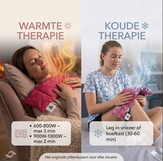 Collage: links een vrouw met rood kersenpitkussen voor warmtetherapie, rechts een vrouw met rood kersenpitkussen voor koudetherapie.