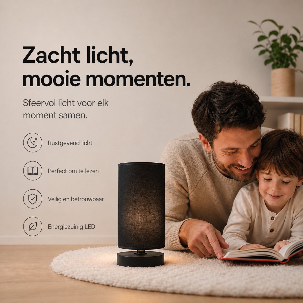 Sounix Tafellamp voor Nachtkastje - 3 Lichtkleuren 3000K/4000K/6000K - Inclusief E27 LED Lamp - Ronde Stoffen Lampenkap - Zwart thumbnail 5