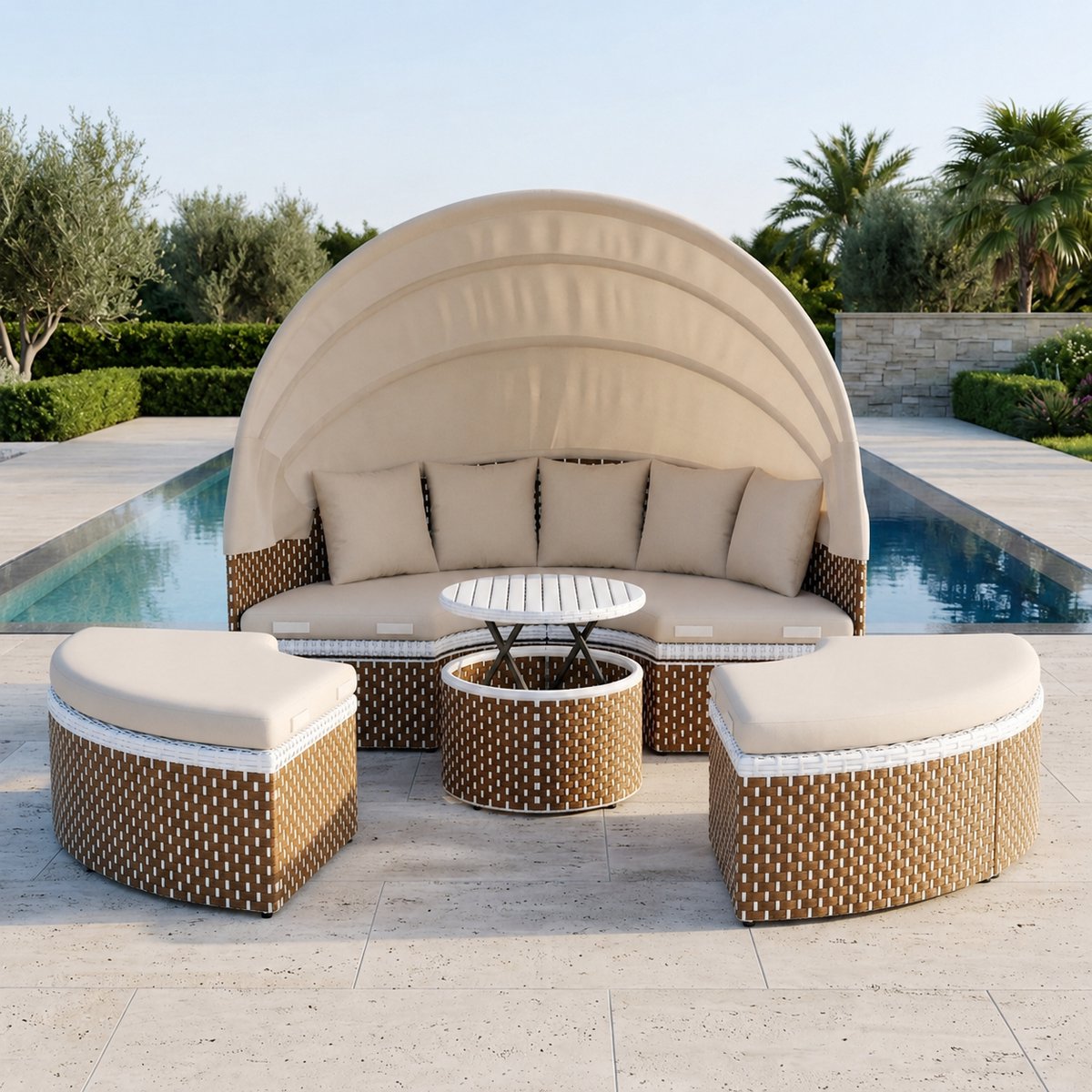 Luxe Rotan Zonne-eiland 170x170 cm – Multifunctioneel Lounge Eiland met Verstelbaar Dak, 5-delige Tuin Loungeset met Dikke Kussens, Weerbestendig Balkon- en Tuinmeubel voor 2-4 Personen – Beige Industrohome