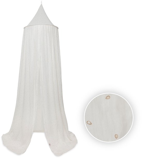 Witte klamboe met kleine gouden stippen, tegen een witte achtergrond.