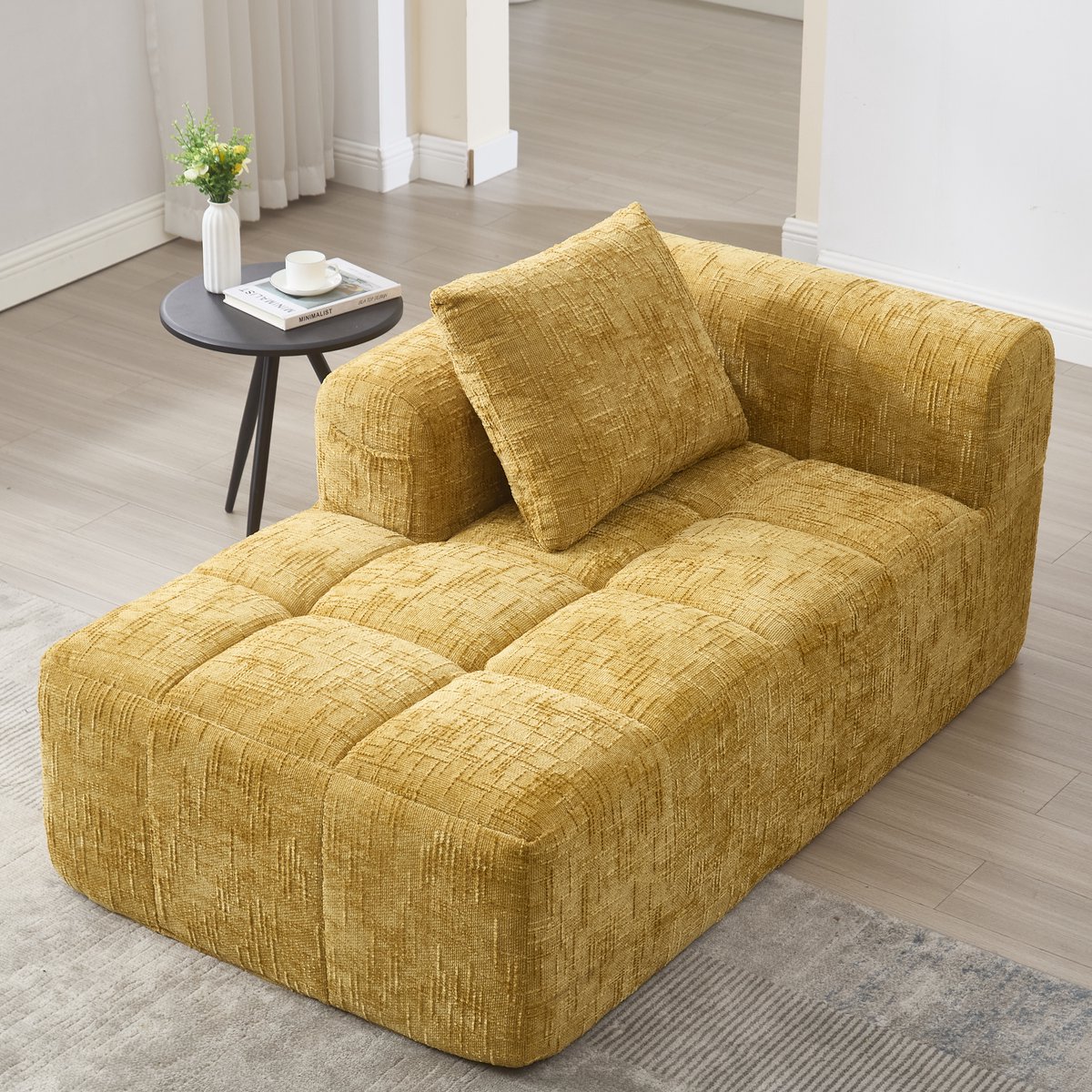 Wishdor Chaise Longue Bank - Zijvakken En Inclusief Kussen - Modern Minimalistisch Ontwerp - Voor Woonkamer Of Slaapkamer - Chenille - Geel - 158 X 90 X 60 Cm