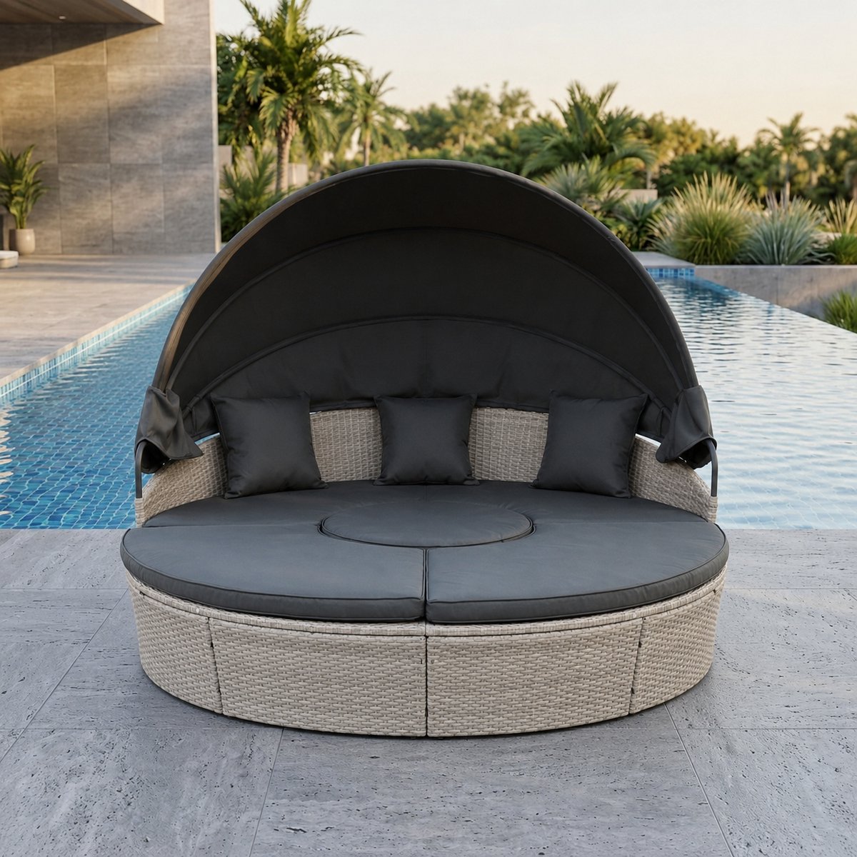 Luxe Rotan Zonne-eiland Ø180 cm – Luxe Lounge Dagbed met Opvouwbaar Zonnedak, Inclusief Dikke Kussens en Weerbestendige Afdekhoes – Lichtgrijs Tuin Loungemeubel Industrohome