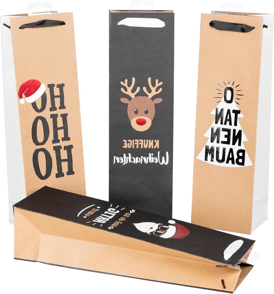 Kerstflessentassen - Flessenzakken Wijntassen - Cadeaus Inpakken - Hotfoil en Reliëf - 24 stuks - Nature Trend