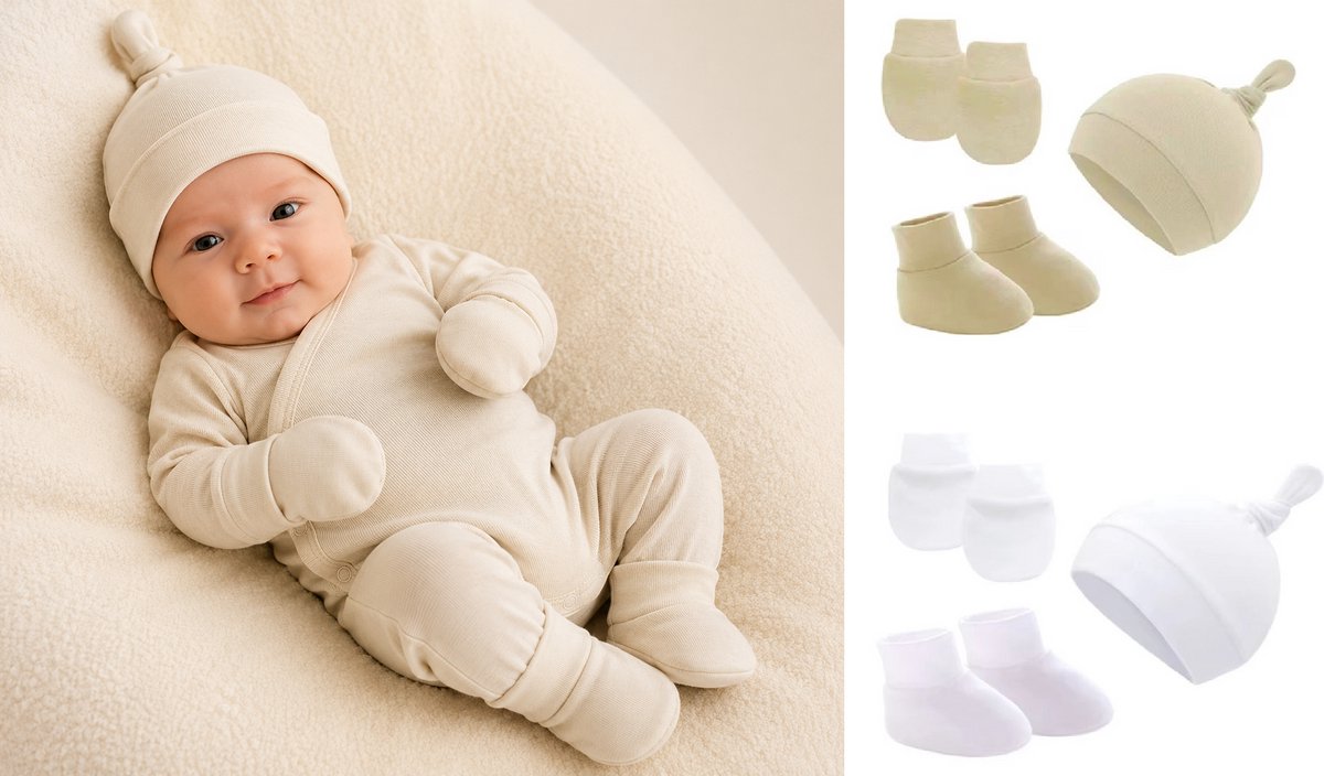 2 Stuks Baby Newborn Set – Mutsje, Krabwantjes & Slofjes – Beige/Geel en Wit – 0-3 Maanden