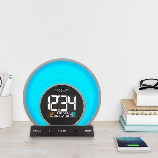 Wekker met Licht - Nachtlamp Sfeerverlichting - Ontspannen Wakker Worden - Temperatuur Vochtigheid - USB Oplaadpoort - Zwart van Merkloos — afbeelding 2