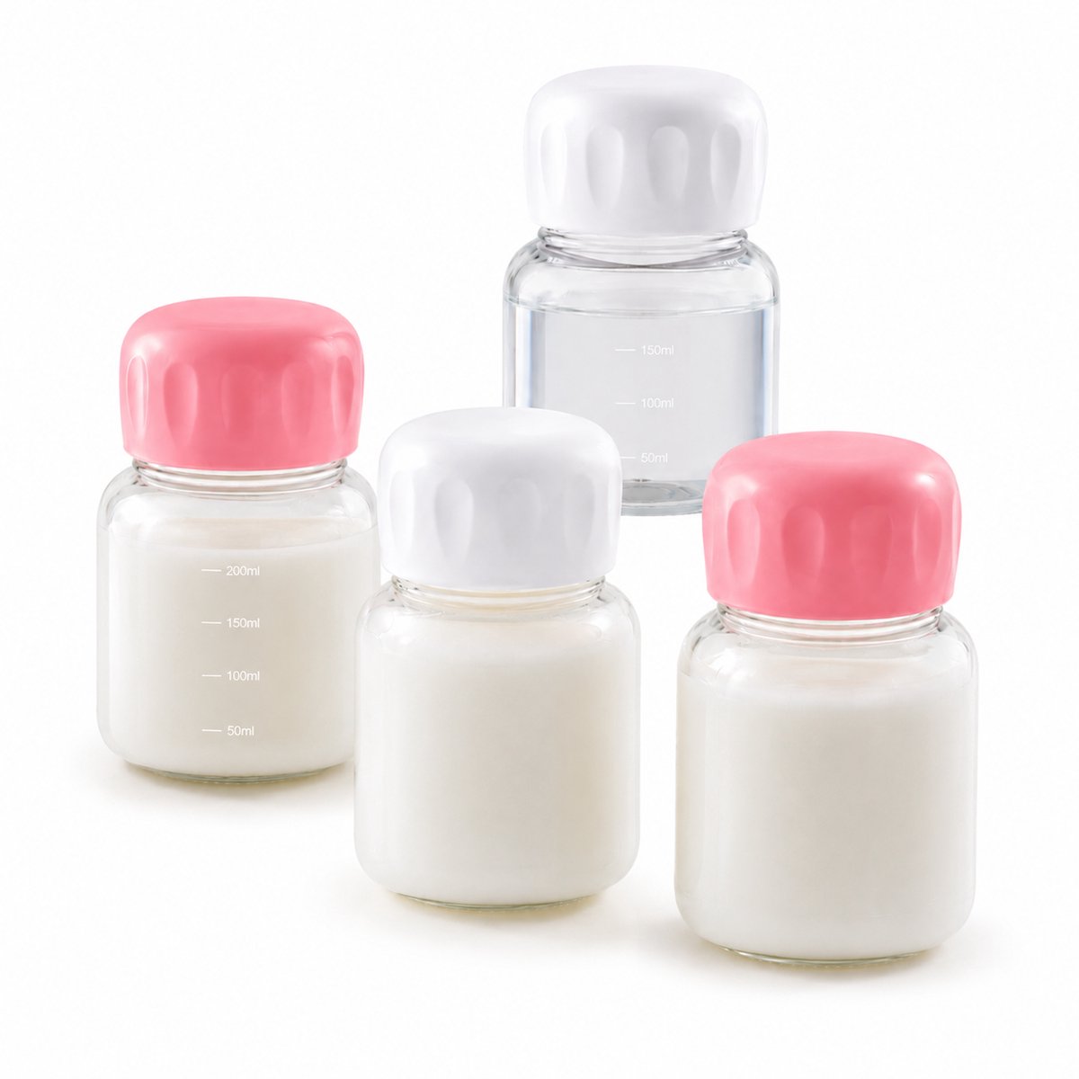 Dutchers.® Glazen Moedermelk Bewaarflesjes - Set van 4 - 200ML - Herbruikbaar - Veilig & Hygiënisch - BPA vrij - Glas - Moedermelk Bewaarflesjes - Moedermelk Bewaren - Moedermelk - Moedermelk Bewaarflesjes - Moedermelk Bewaarflesjes Glas - Roze & Wit