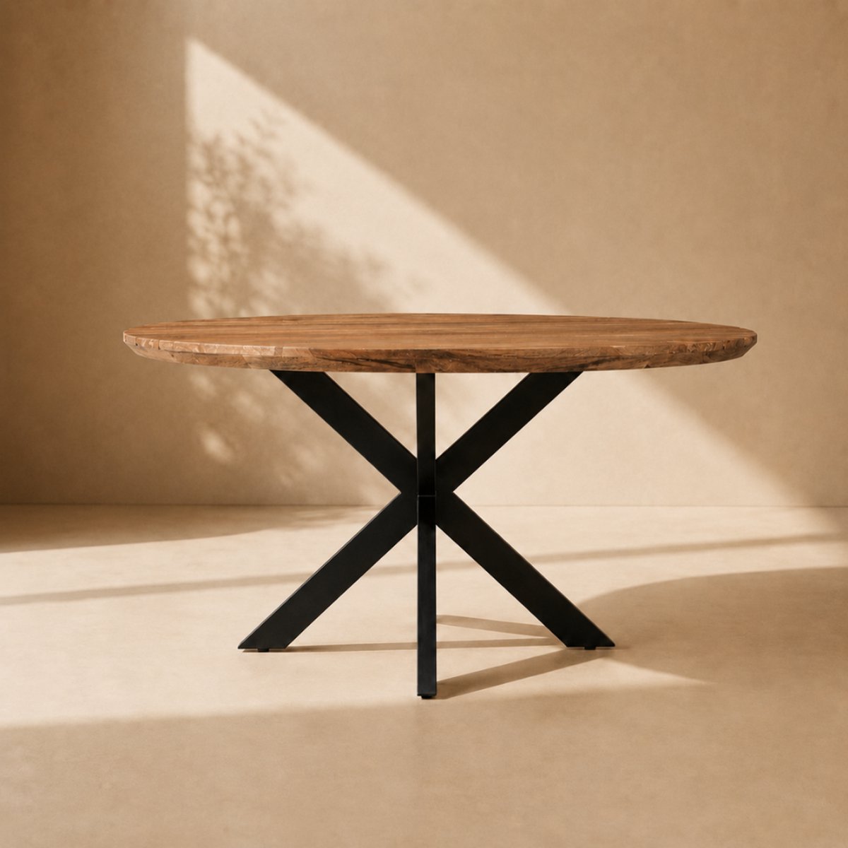 Sfeerwonen Enzo Tuintafel Rond - 130 cm – Mangohout Naturel – Outdoor – Swiss Edge – Matrix Spinpoot Zwart - 6 personen