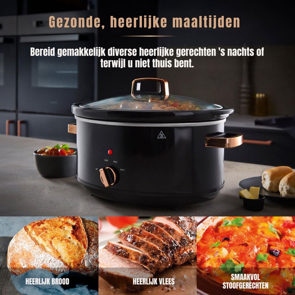 KAD® Slowcooker - Slowcooker Met Timer - Multicooker - Zwart en Roze Goud - 32cm x 41cm x 24cm – foto 7