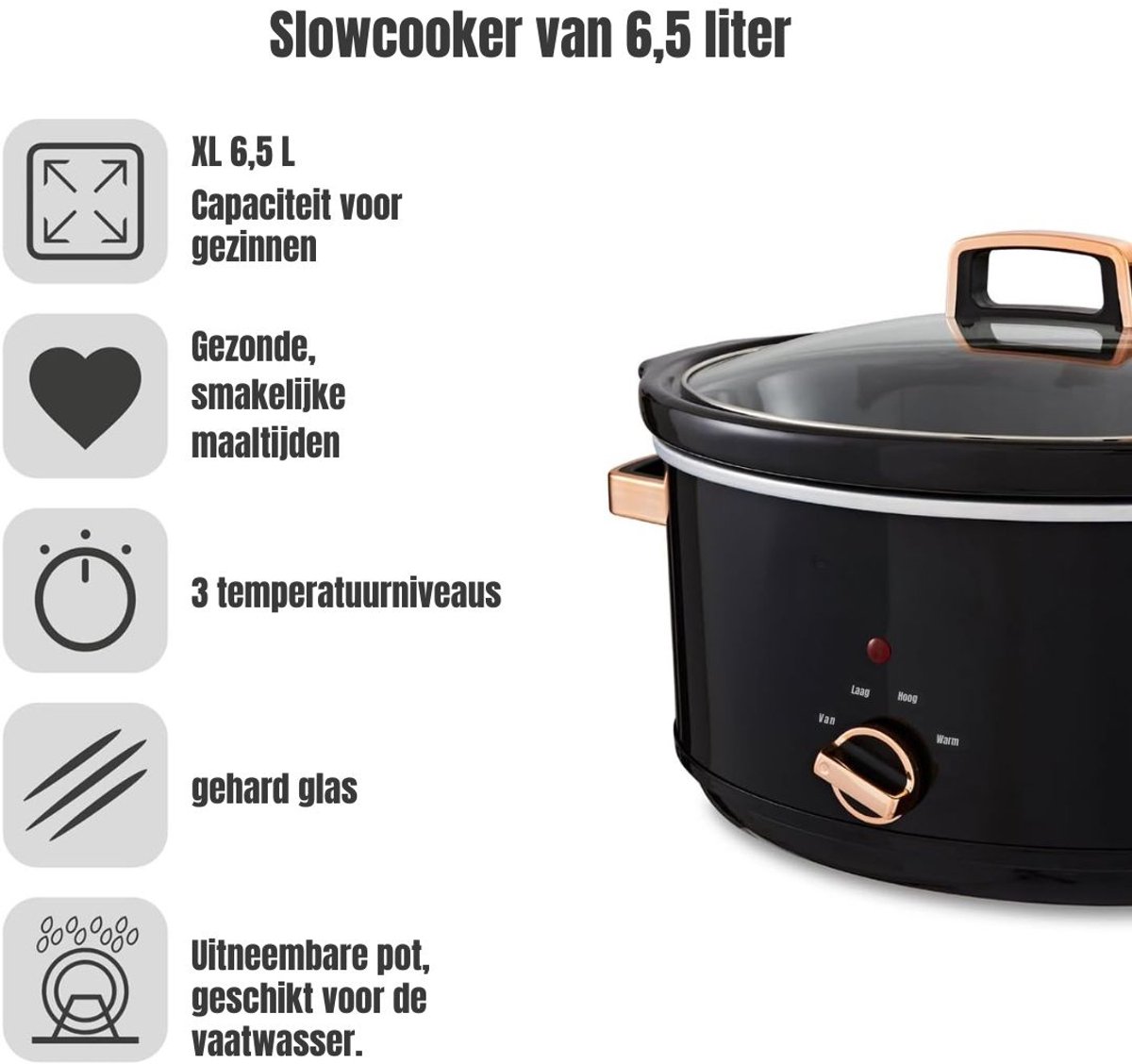 KAD® Slowcooker - Slowcooker Met Timer - Multicooker - Zwart en Roze Goud - 32cm x 41cm x 24cm – foto 5