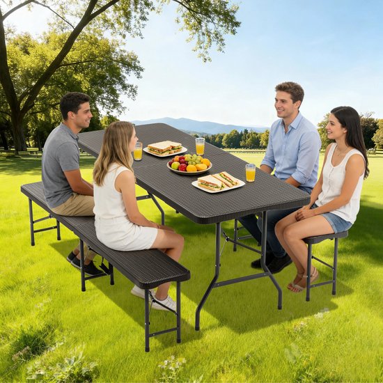 Picknick tafelset - Picknicktafel - met 2 banken - 3-delige campingmeubel - HDPE tafelblad - 6 personen - Veelzijdig gebruik voor binnen en buiten — afbeelding 2