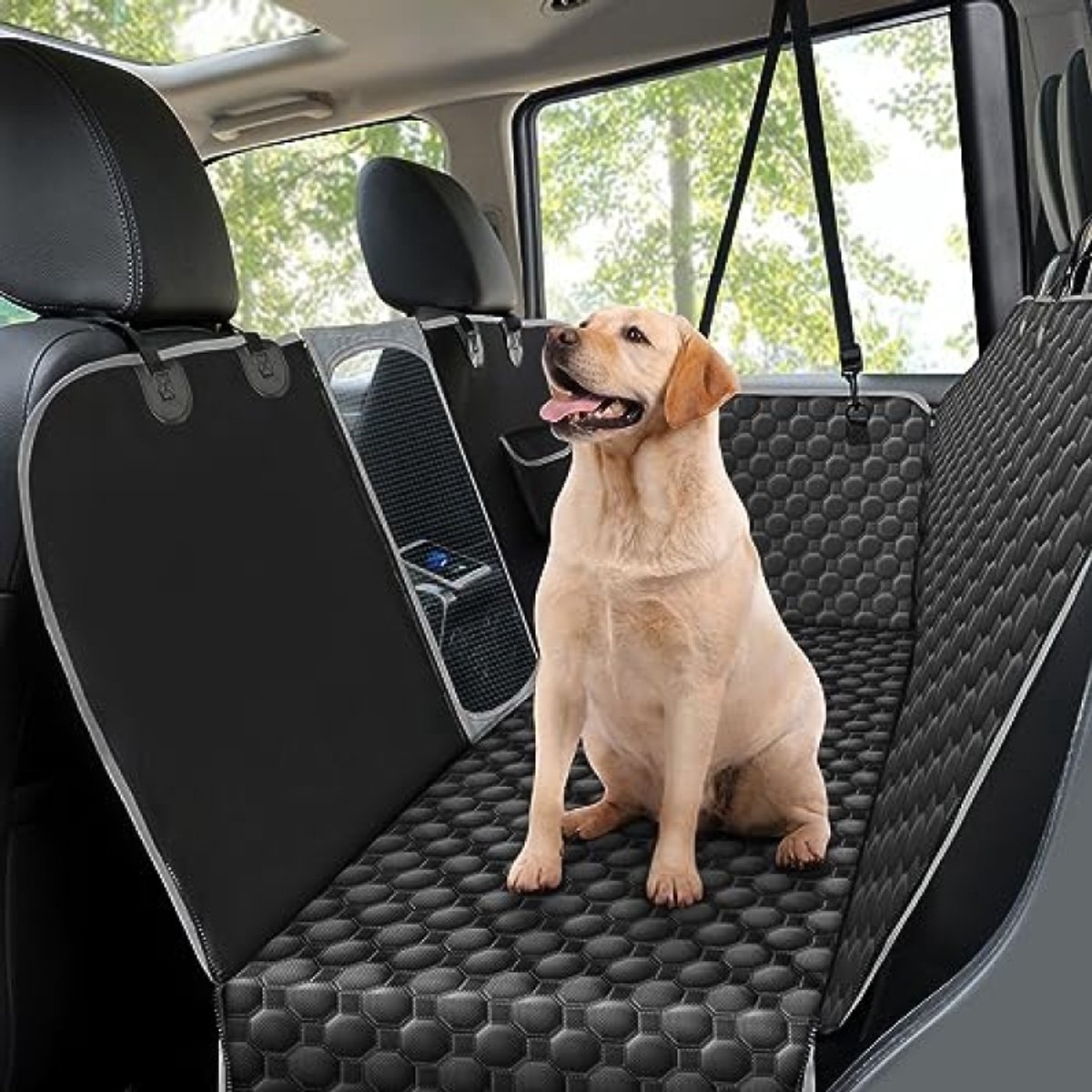 Dog Car Seat Cover with Mesh Window, Side Flaps, and Non-slip Waterproof Protection - Black