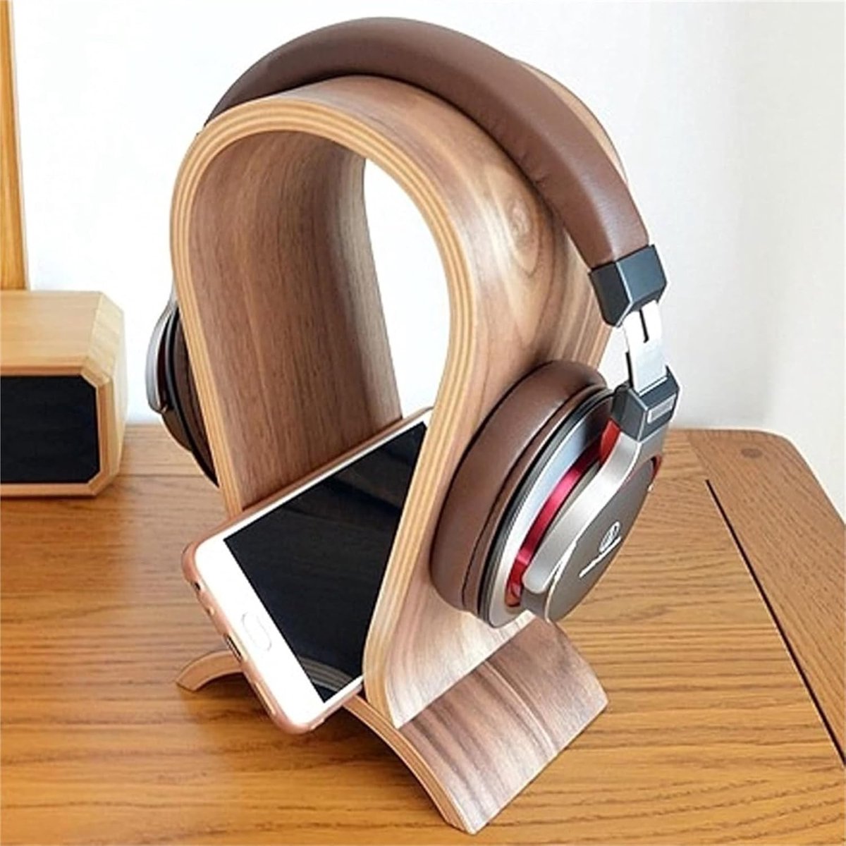 Hoofdtelefoon Houder - Oordopjes Display - Bureau Organisatie - Massief Hout - 25.5cm Hoog - Houtkleur — cadeau in Gadgets - foto 2