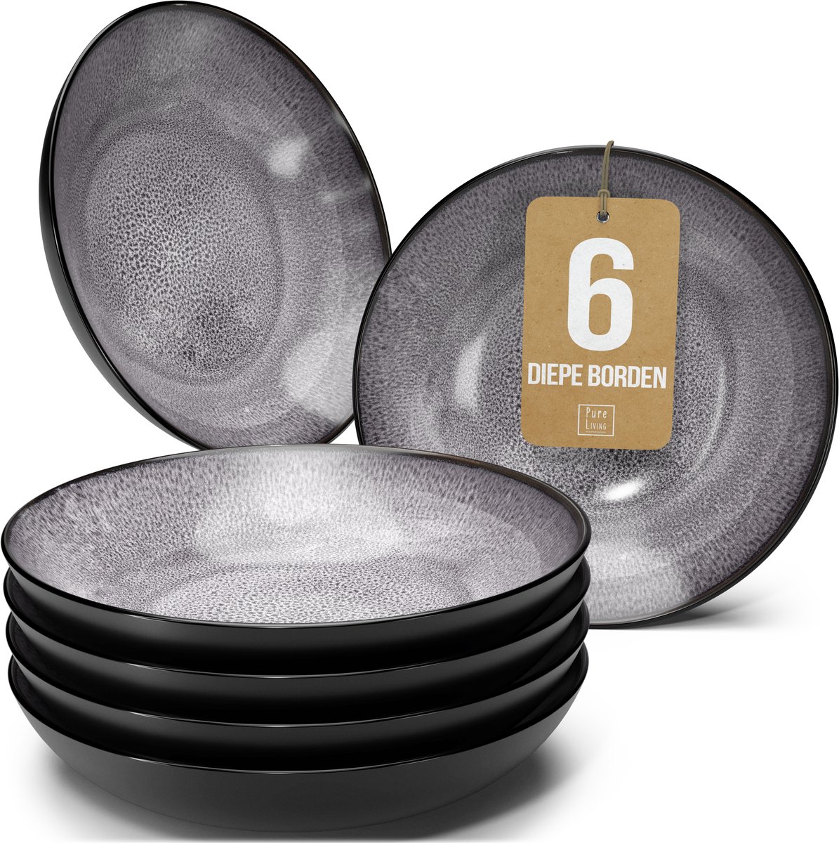 Pure Living Set Van 6 Diepe Borden - Ø 20 cm - Grijs - Aardewerk - Vaatwasserbestendig - Magnetronbestendig - Ibiza Dark
