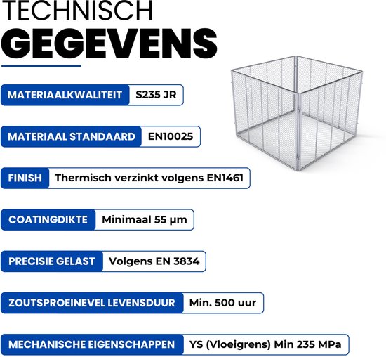 Technische gegevens van de compostbak: S235 JR staal, thermisch verzinkt, minimale coatingdikte 55 µm.
