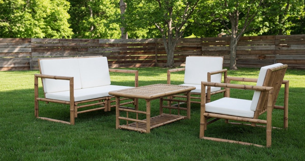 Bamboe Tuinset 12-Delig Crème - Buiten Meubelset met Tafel & Stoelen - Klassieke Terrasset voor 3 Zetels - Weerbestendig Bamboe Look - Voor Tuin, Terras & Balkon - IndustroHome