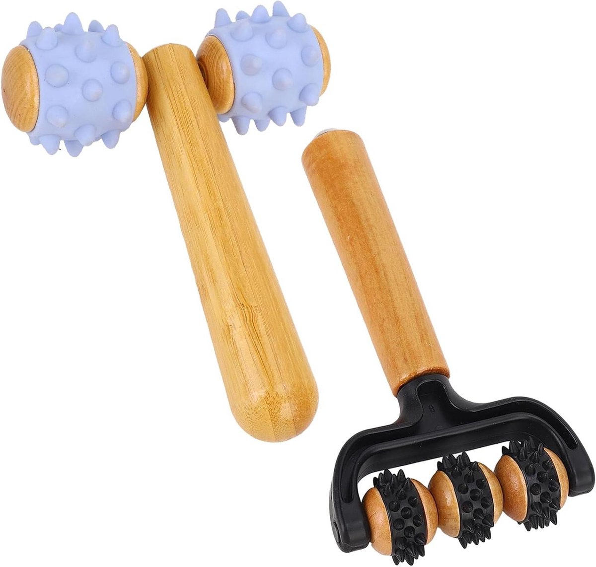 Massageroller met handvat - Lichaamsroller set - Spierontspanning thuis - Natuurlijk hout & PVC - 2 stuks - Niet gespecificeerd