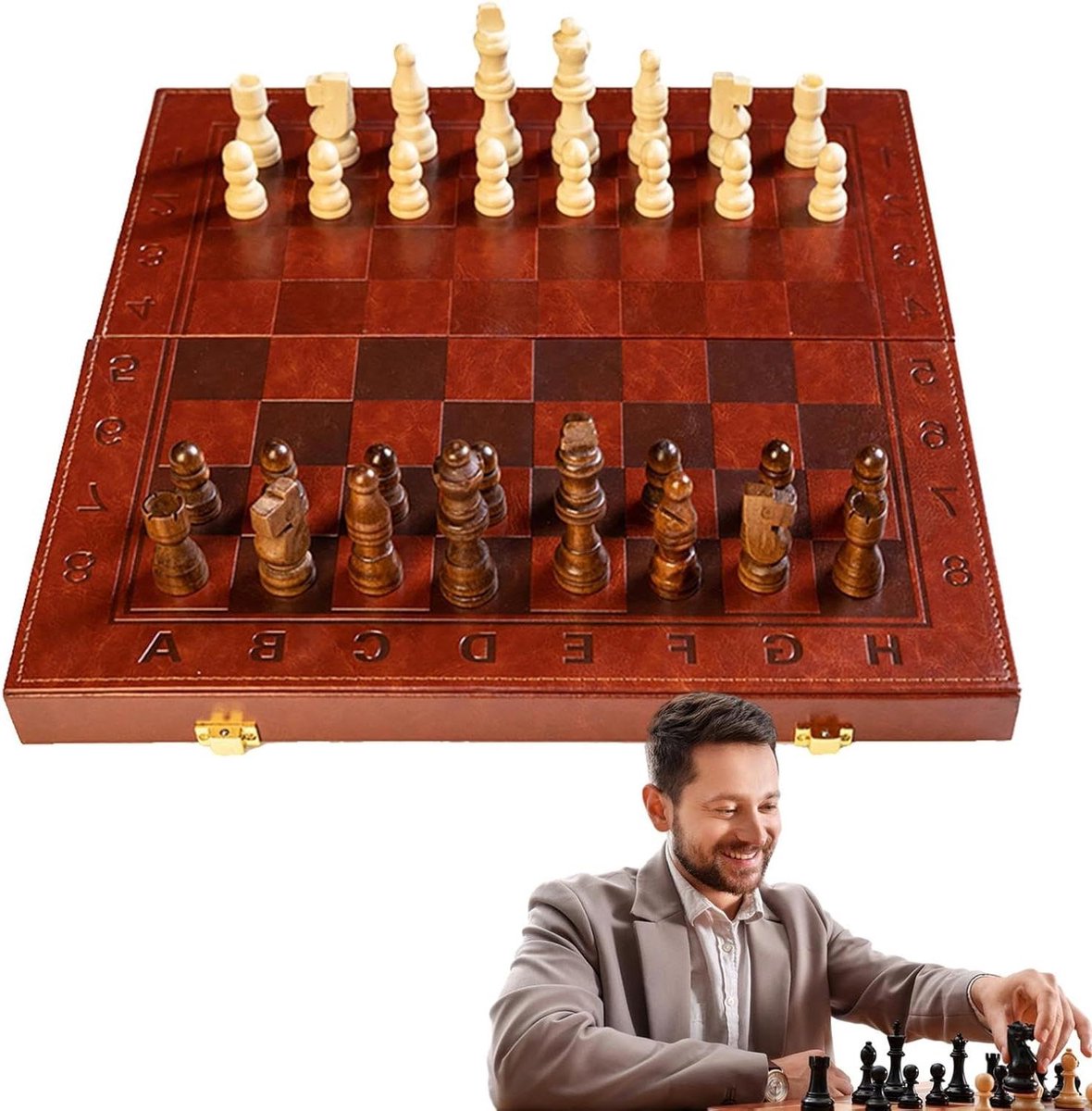 Houten schaakspel - Opvouwbaar bord - Familie spel - Massief hout - 40 x 20 cm - Natuurlijk