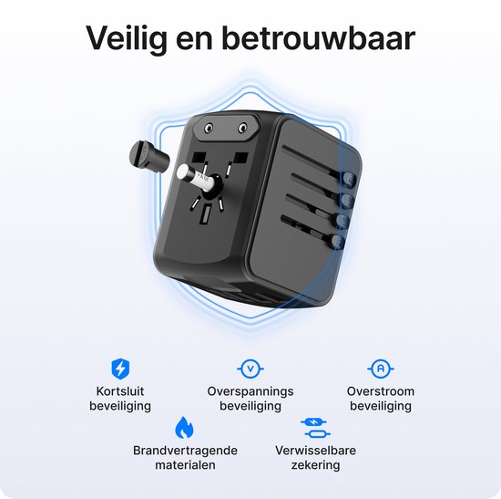 Voomy Reisstekker 170+ landen - Universele Wereldstekker - 1 USB-C & 3 USB-A - Reisadapter Wereld Engeland (UK), Amerika (USA), Australië, Zuid Amerika, Afrika, Italië, Thailand - zwart