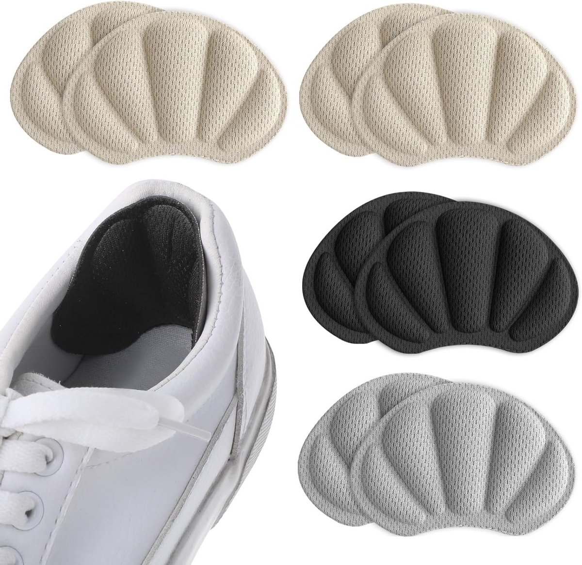 4 Paar Heelpads, Inlegzolen en Heels Grips voor Te Grote Schoenen, Antislip Voetverzorging, Blarenpreventie voor Dames en Heren (Beige/Zwart/Grijs)