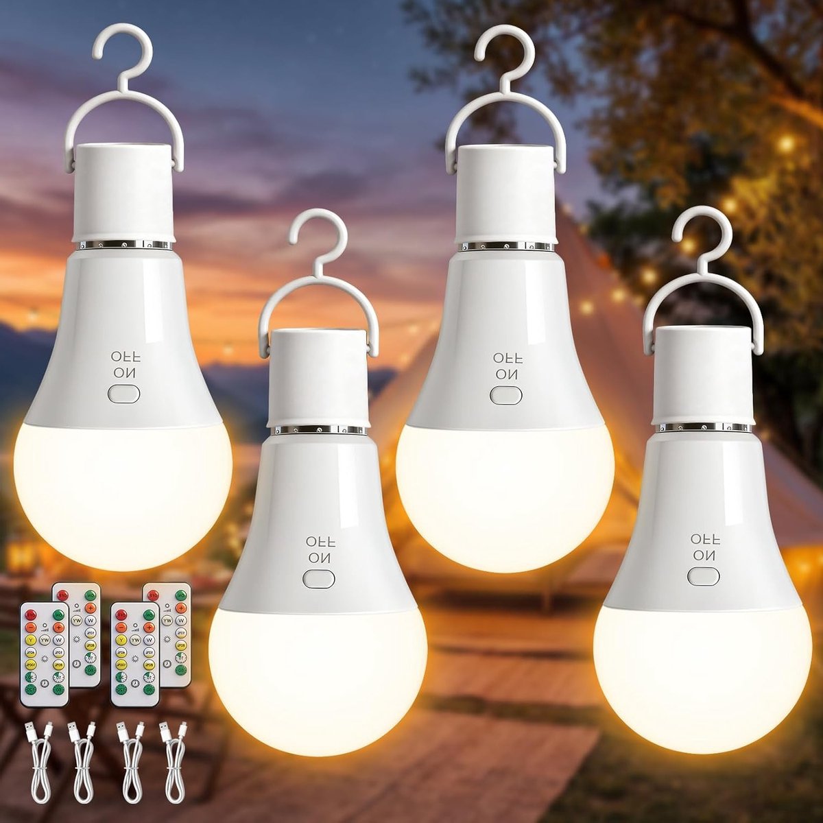Oplaadbare E27 LED-lampen met afstandsbediening, dimbaar, 3 kleuren, USB, set van 4