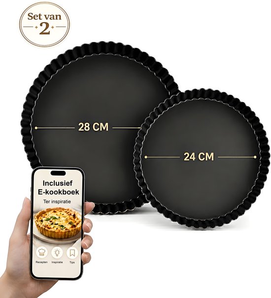 Navazz Quichevorm set - Quichevorm met losse bodem - Met Anti-aanbaklaag - Taartvorm - Ø24 cm / Ø28 cm - Incl. E-kookboek