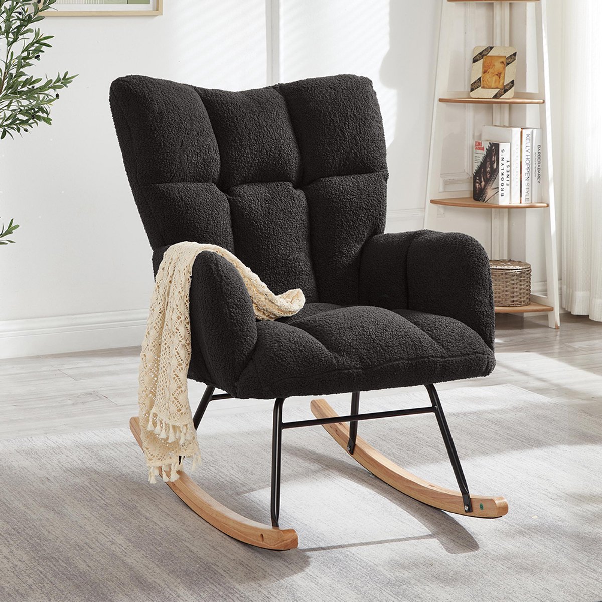 BLACKCOLORS Moderne schommelstoel 69×89×101 cm – Veelzijdige relaxstoel voor woonkamer, slaapkamer, kantoor, kinderkamer & balkon, stijlvolle stoel met houten onderstel & metalen frame , Scandinavisch design
