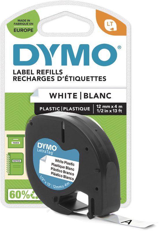 DYMO LetraTag originele plastic labels | Zwart afdrukken op witte etiketten | 12 mm x 4 m | Zelfklevende multifunctionele labels voor LetraTag labelprinters | gemaakt in Europa