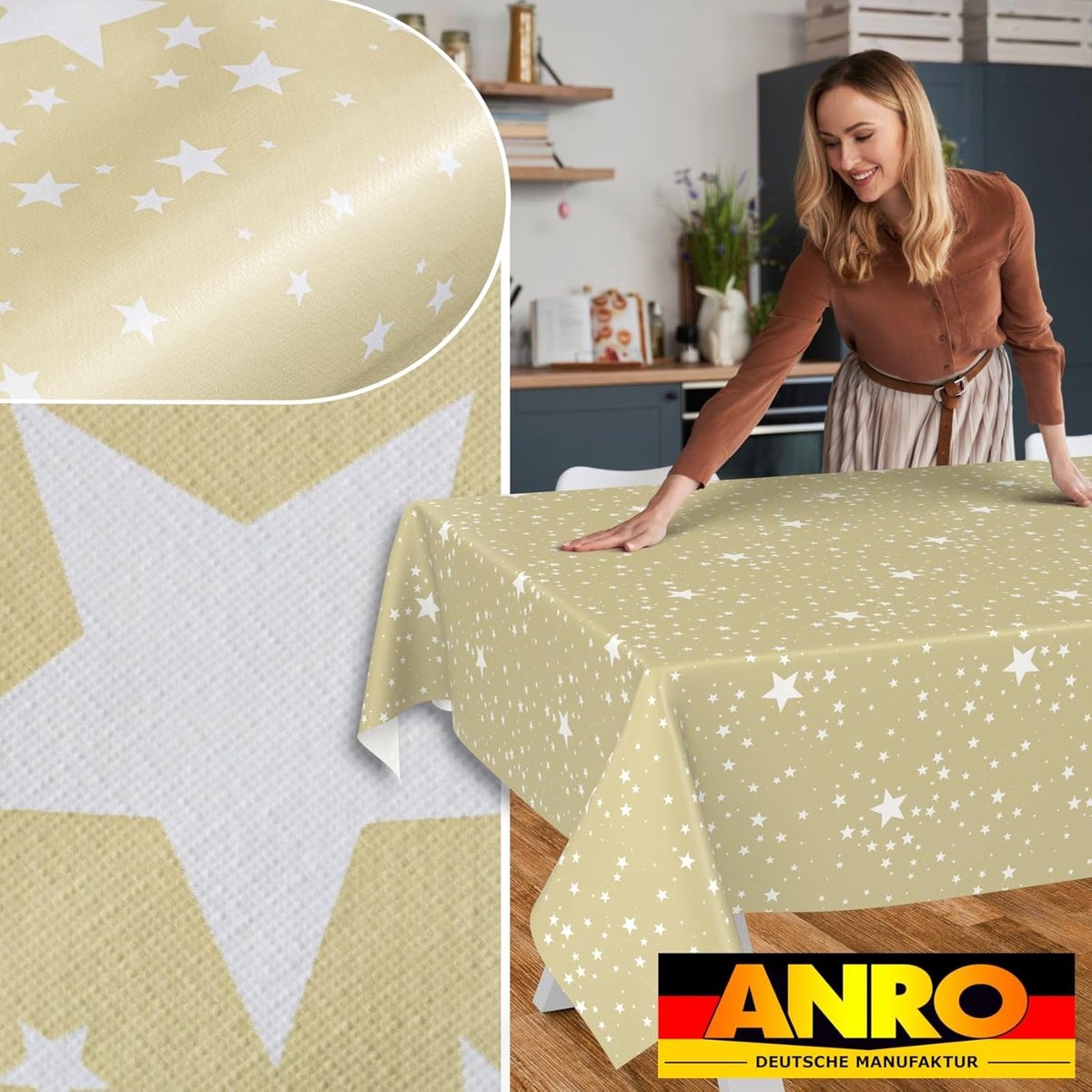 Wasbare Olieverf Tafelkleed met Rand Waterafstotend Rechthoekig Beige Sterrenprint