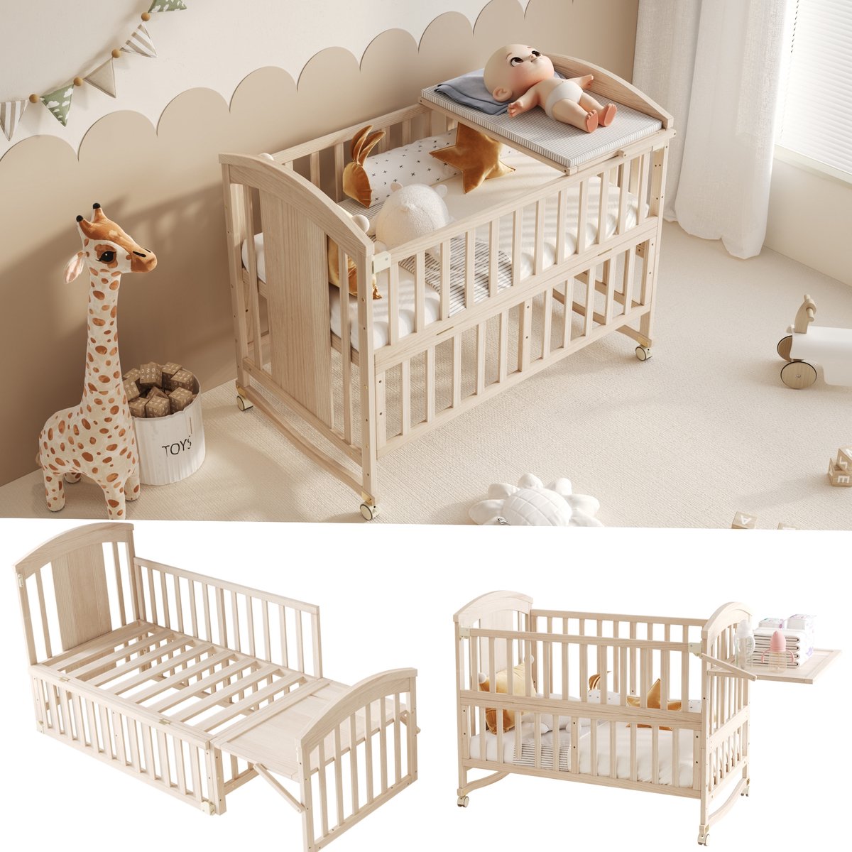 Sweiko Kinderbed - 120 x 60 x 95 cm - Massief houten Ledikant - Met verschoontafel - Inklapbaar opbergrek - Zonder matras - Naturel – foto 8
