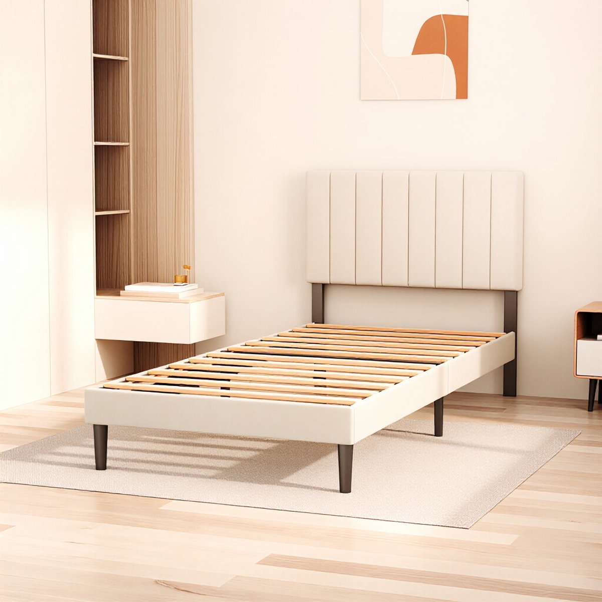 Auralum Max Gestoffeerd Bedframe - 90x200 CM - Heavy Duty Metalen Bedframe - Bedplaats Met Plat Noedelsframe en Verstelbaar Hoofdbord - Eenpersoonsbed - Opbergruimte Onder Het Bed - Beige